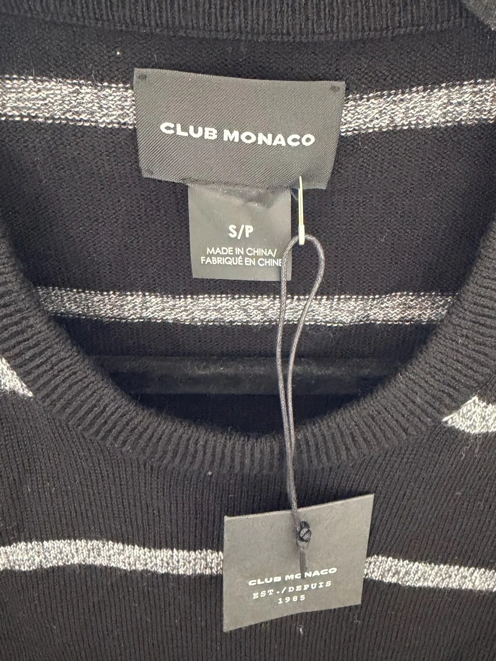 Club Monaco Black Crewneck Sweater with Gray Stripes Men! New!